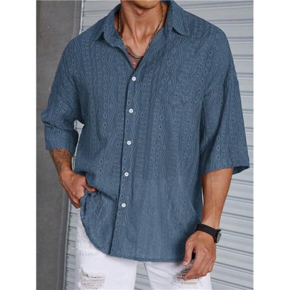 Loose Fit Men's Solid Drop Shoulder Shirt - Men Summer & Beach Wear - Picture 5 of 7